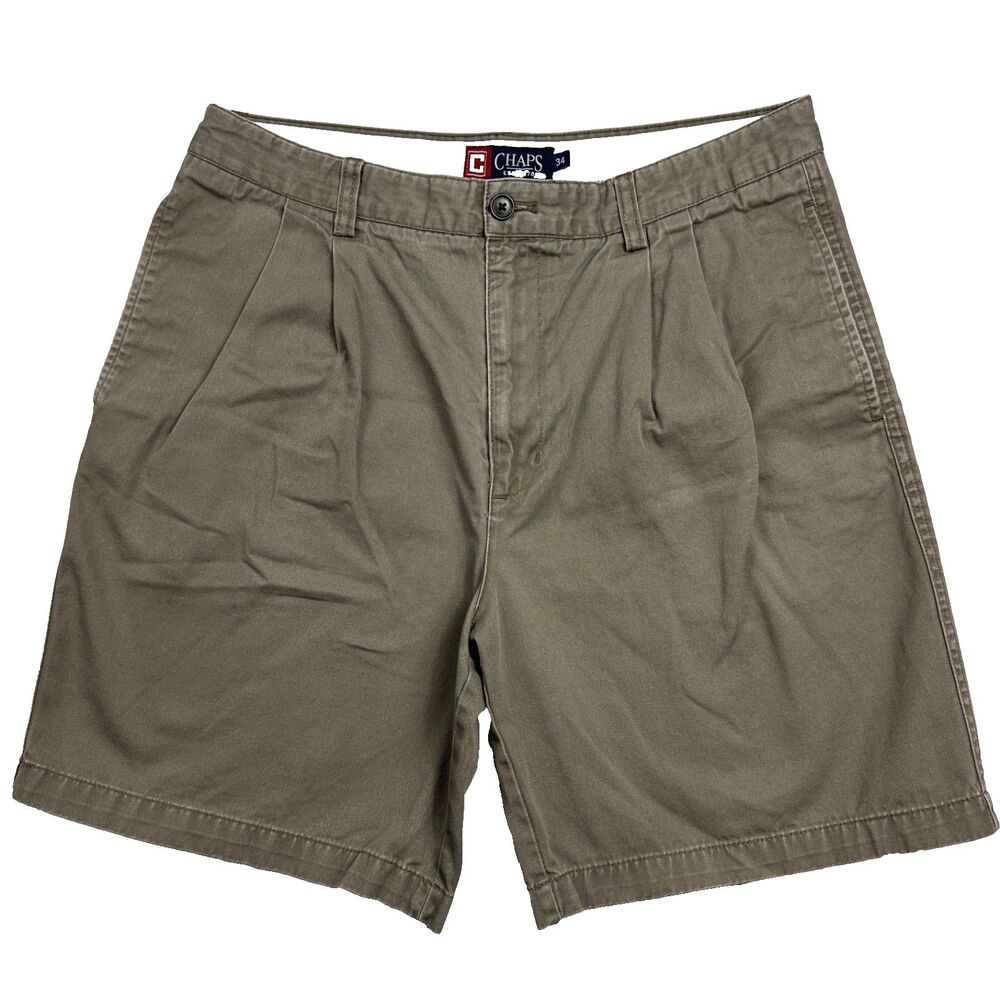 Chaps Men's Brown Pleated Cotton Casual Shorts Size 34 Khaki Flat Front Style